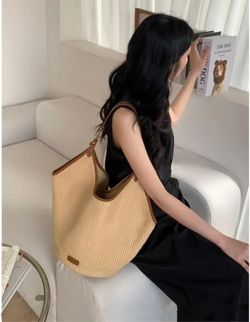 Handbag Straw Bag Women's Tote New Summer Leisure Shoulder Large Bag Commuting Woven Bucket Bag Straw Bags(Brown)