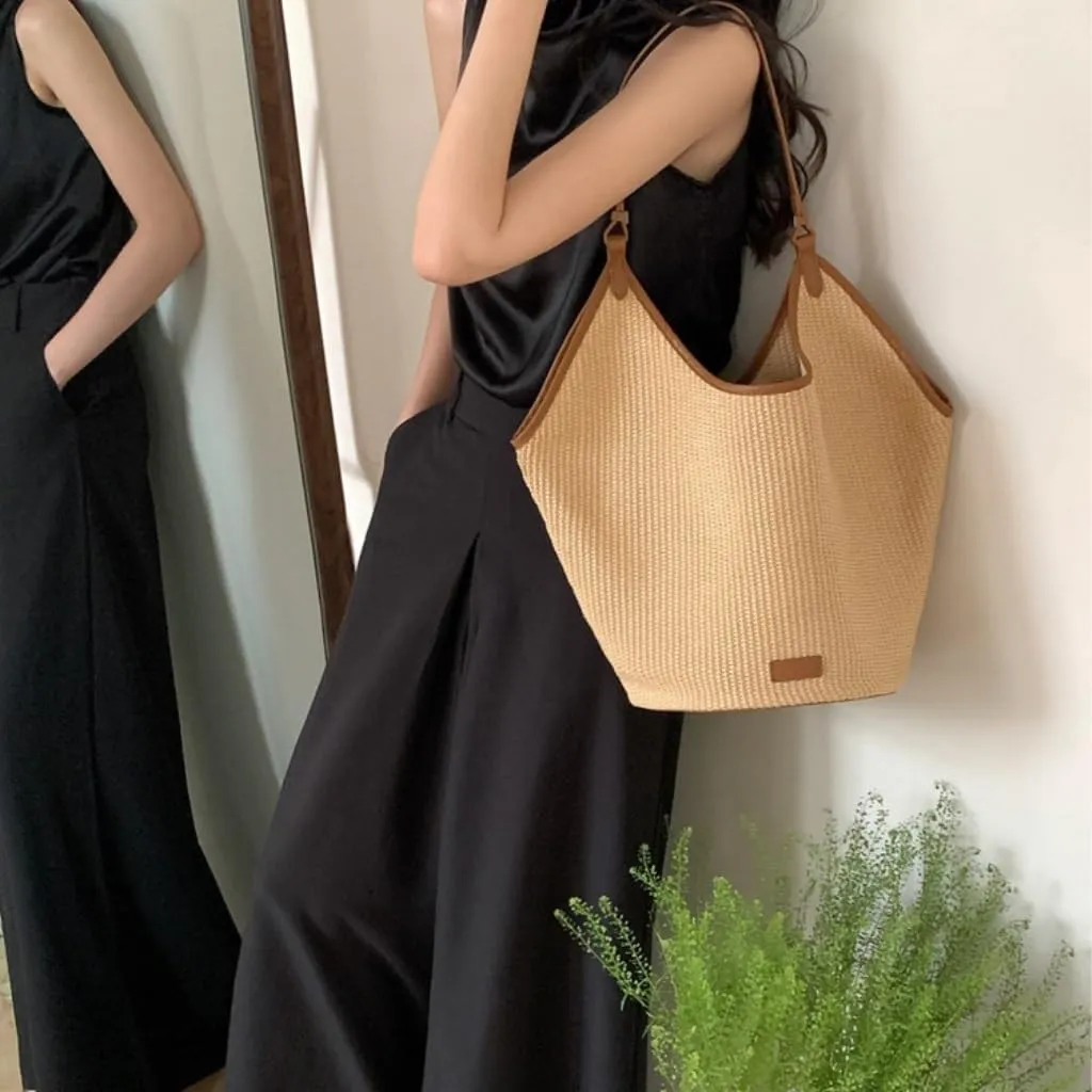 Handbag Straw Bag Women's Tote New Summer Leisure Shoulder Large Bag Commuting Woven Bucket Bag Straw Bags(Brown)