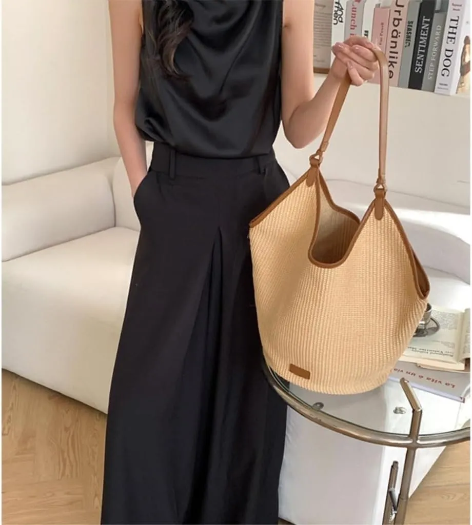 Handbag Straw Bag Women's Tote New Summer Leisure Shoulder Large Bag Commuting Woven Bucket Bag Straw Bags(Brown)