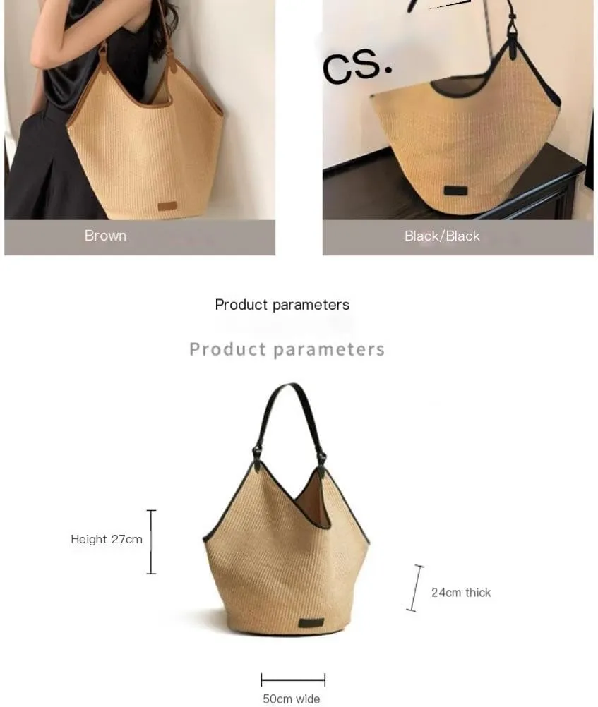 Handbag Straw Bag Women's Tote New Summer Leisure Shoulder Large Bag Commuting Woven Bucket Bag Straw Bags(Brown)