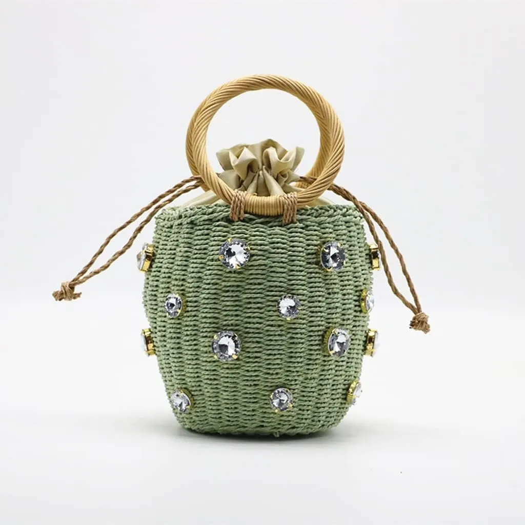 Handmade Embellished Straw Bag Small Straw Bucket Bags Lady Travel Purses and Handbags (Color : D)