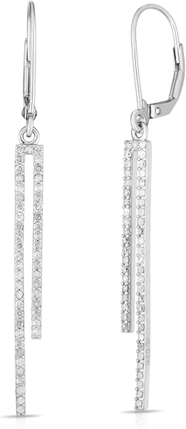 Handmade Real 925 Sterling Silver 14K White Gold Plated Round Cut White Diamond Christmas Special Double Row Bar Lever Back Drop Dangle Earrings jewelry Christmas Gifts for Women