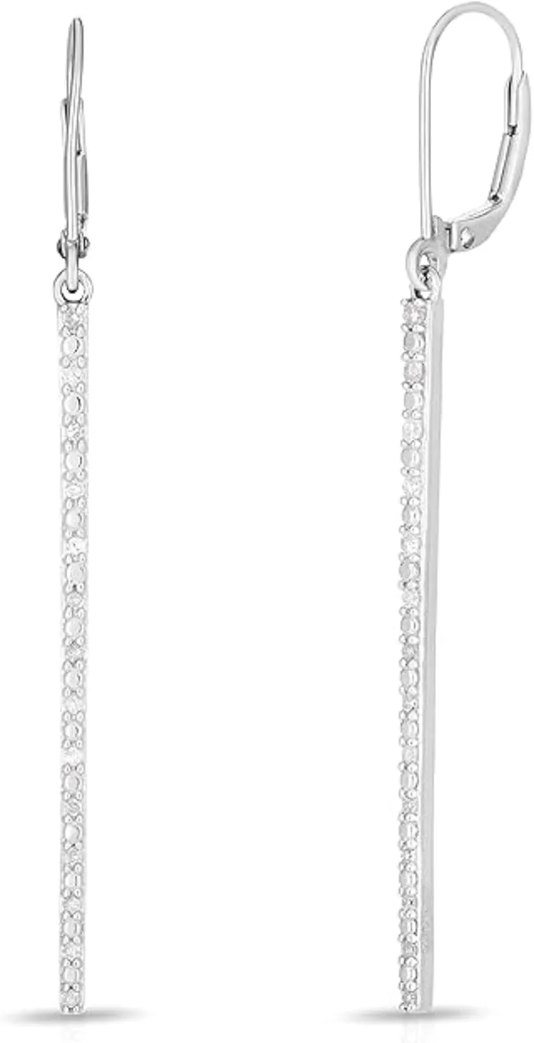 Handmade Real 925 Sterling Silver 14K White Gold Plated Round Cut White Diamond Christmas Special Single Row Bar Lever Back Drop Dangle Earrings jewelry Christmas Gifts for Women