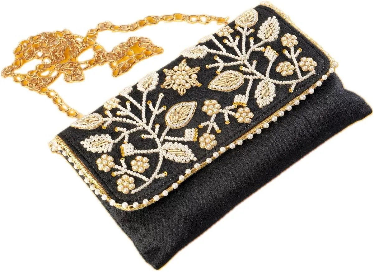 Handmade Sling Bag Purse Wallet Hand Stitched Traditional Ethnic Work for Women for Party Wedding and Gifting (Black - 8"x5")
