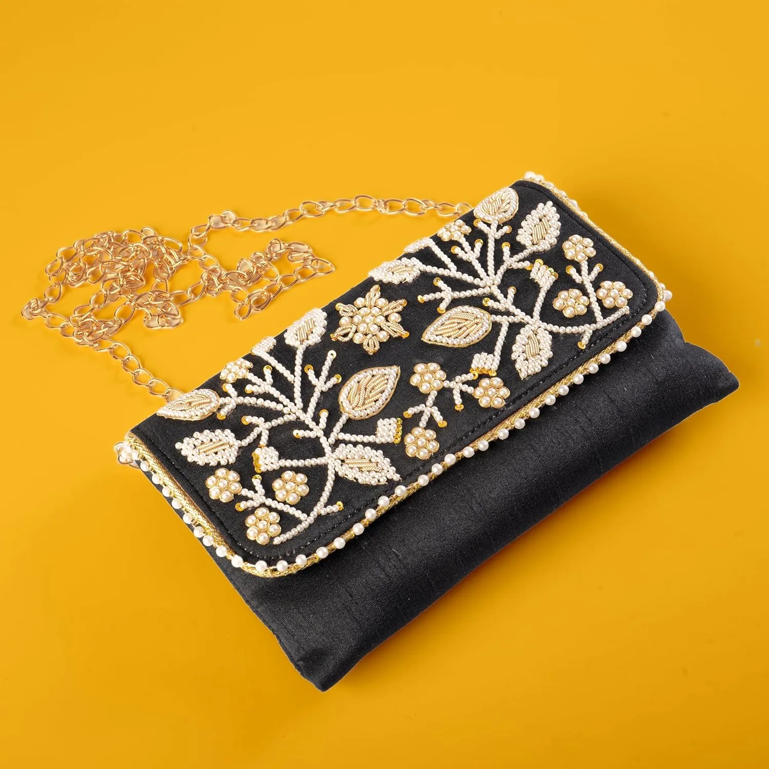 Handmade Sling Bag Purse Wallet Hand Stitched Traditional Ethnic Work for Women for Party Wedding and Gifting (Black - 8"x5")