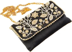 Handmade Sling Bag Purse Wallet Hand Stitched Traditional Ethnic Work for Women for Party Wedding and Gifting (Black - 8"x5")