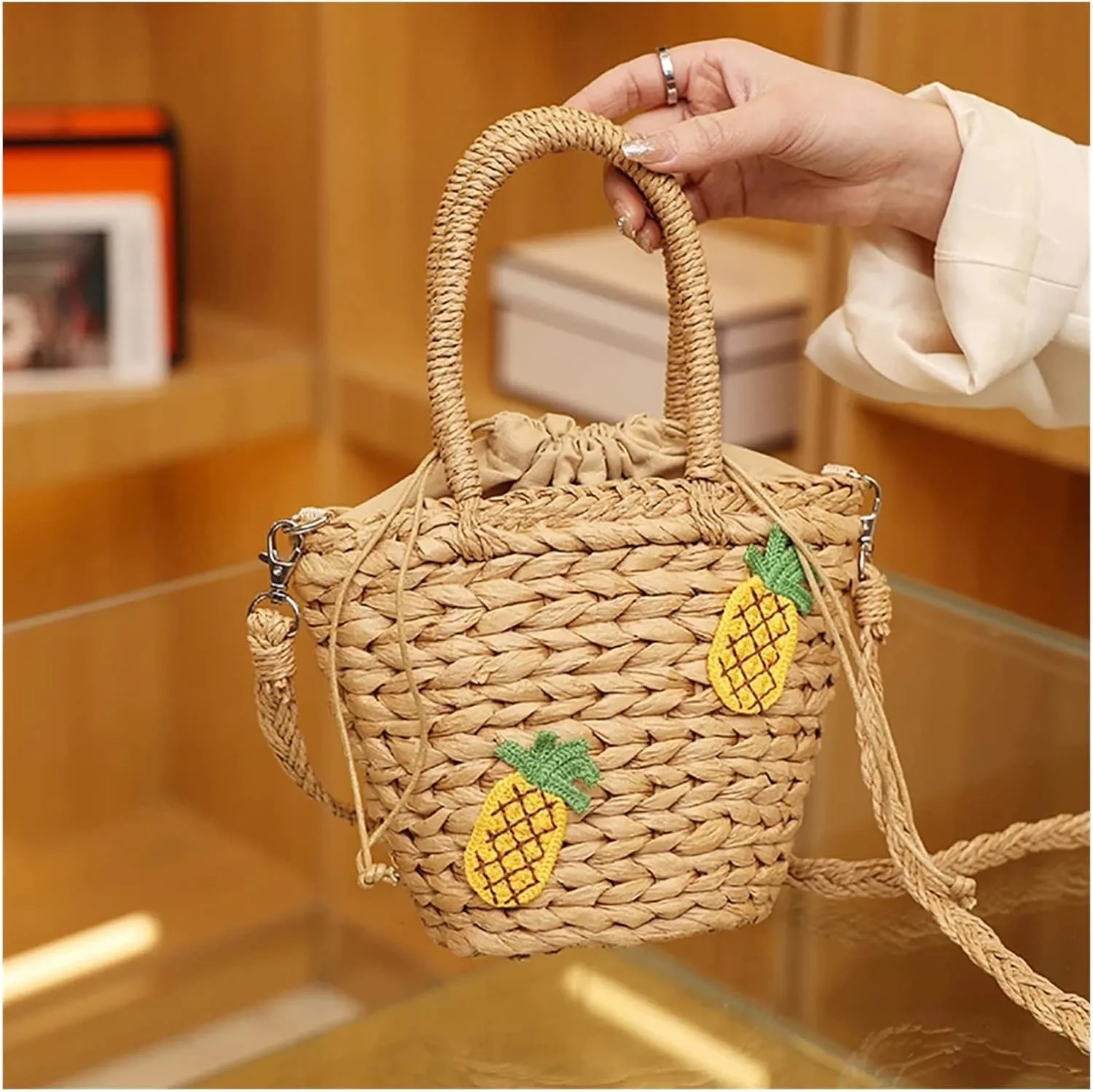 Handmade Straw Handbag Beach Holiday Straw Woven Bucket Bags Women Crossbody Shoulder Tote to-Handle Bag (Color : A Size : 30 * 22cm)