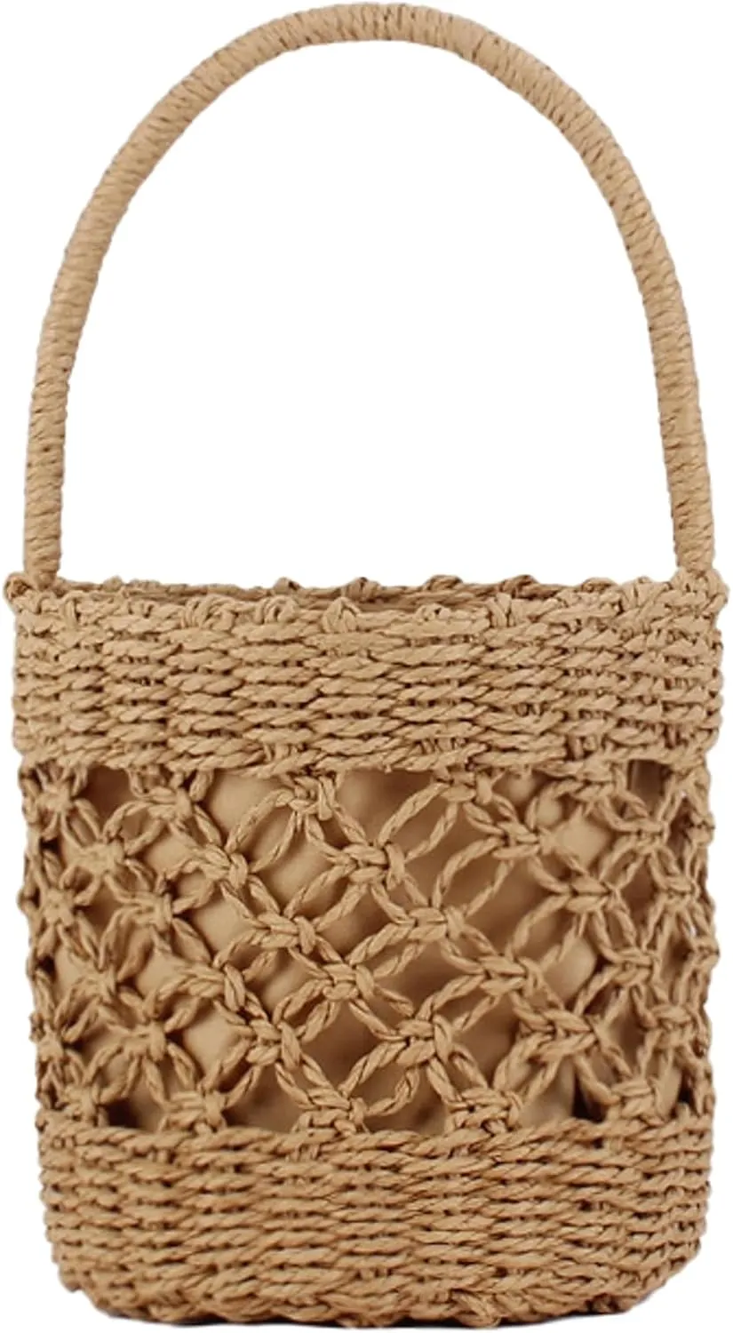 Handwoven Bucket Bag Women Summer Straw Tote Drawstring Lining Hollow Beach Bag Casual Vacation Wear