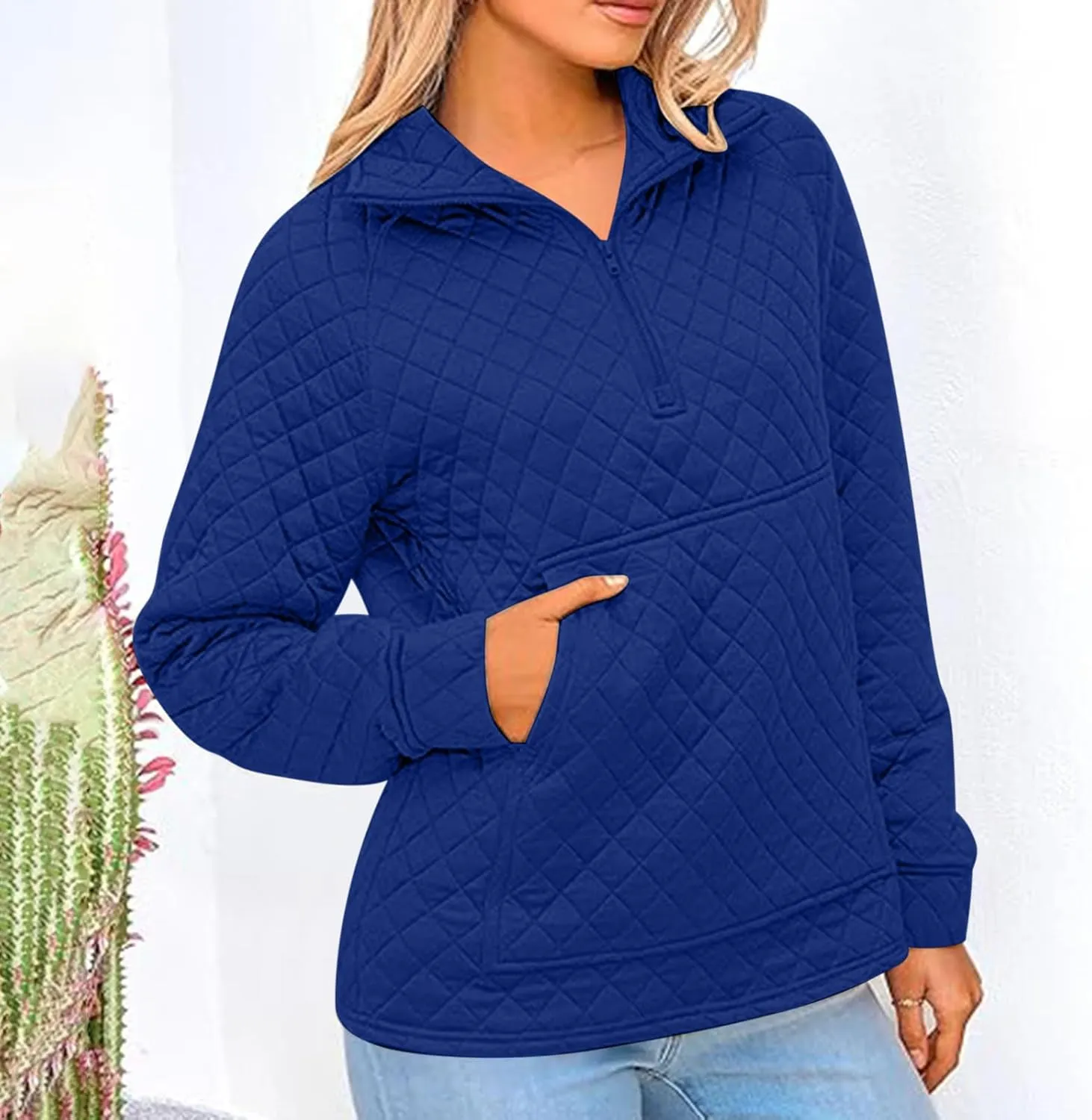 HGps8w Women's Half Zip Quilted Jacket Loose Fit Casual Long Sleeve Lightweight Lapel Puffer Down Coat with Pocket