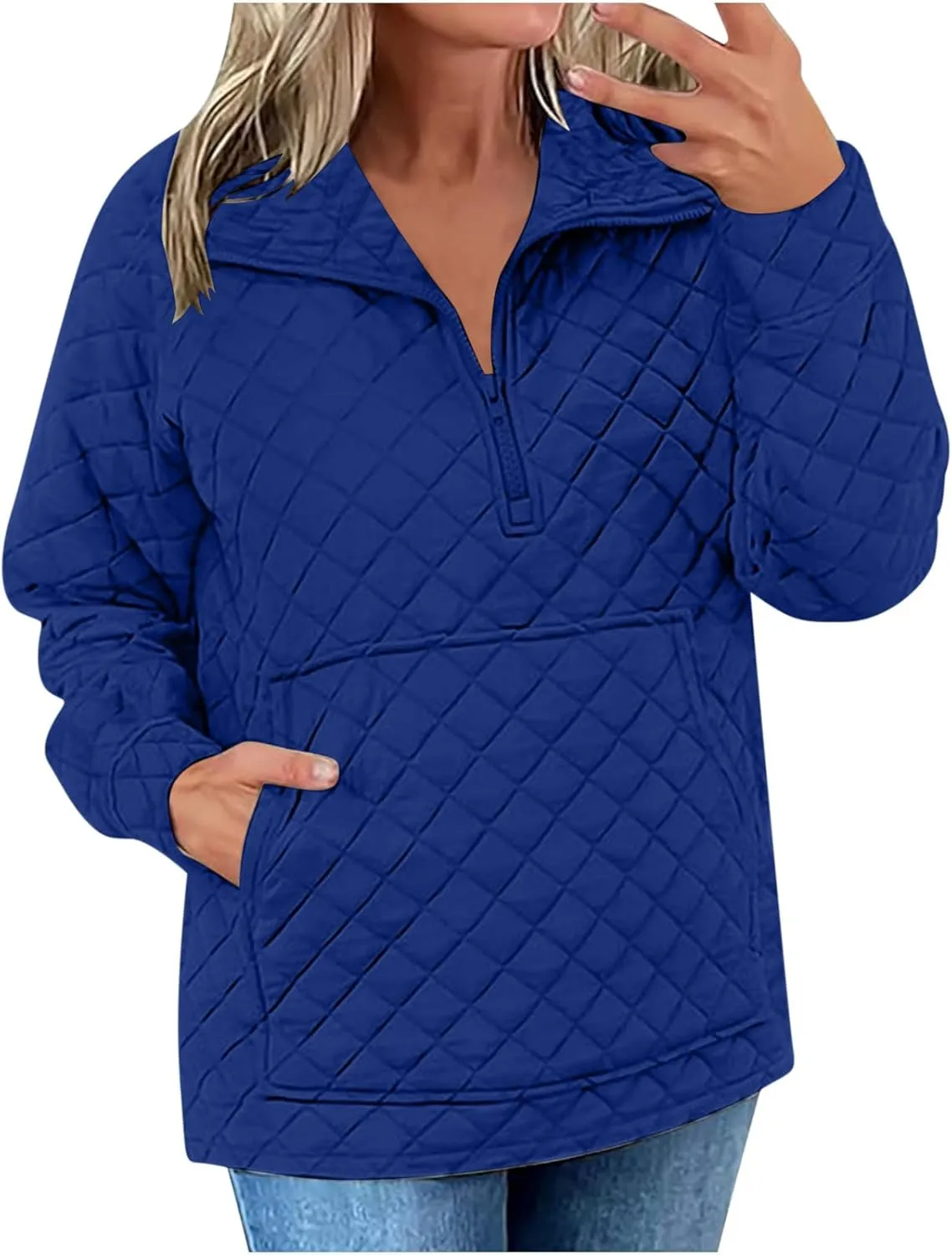 HGps8w Women's Half Zip Quilted Jacket Loose Fit Casual Long Sleeve Lightweight Lapel Puffer Down Coat with Pocket