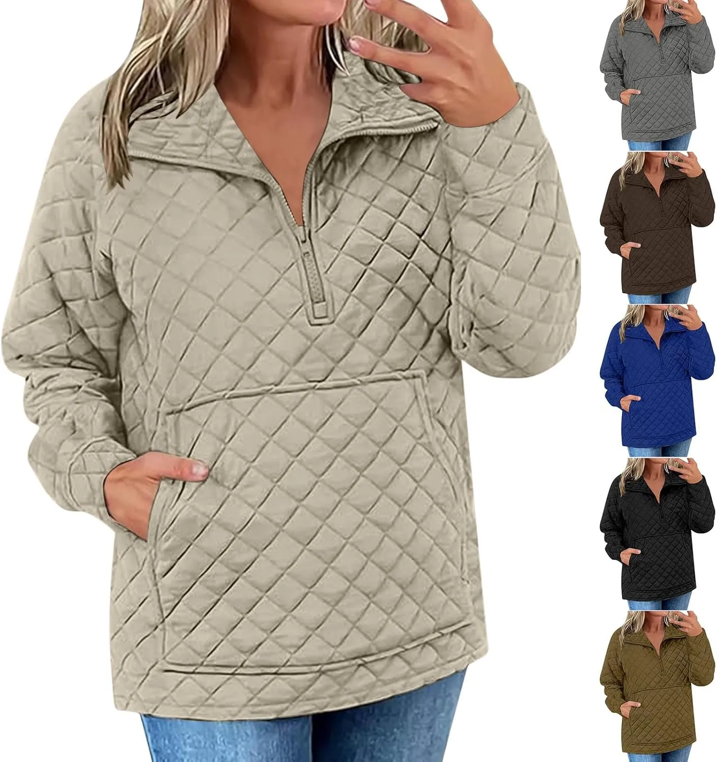 HGps8w Women's Half Zip Quilted Jacket Loose Fit Casual Long Sleeve Lightweight Lapel Puffer Down Coat with Pocket