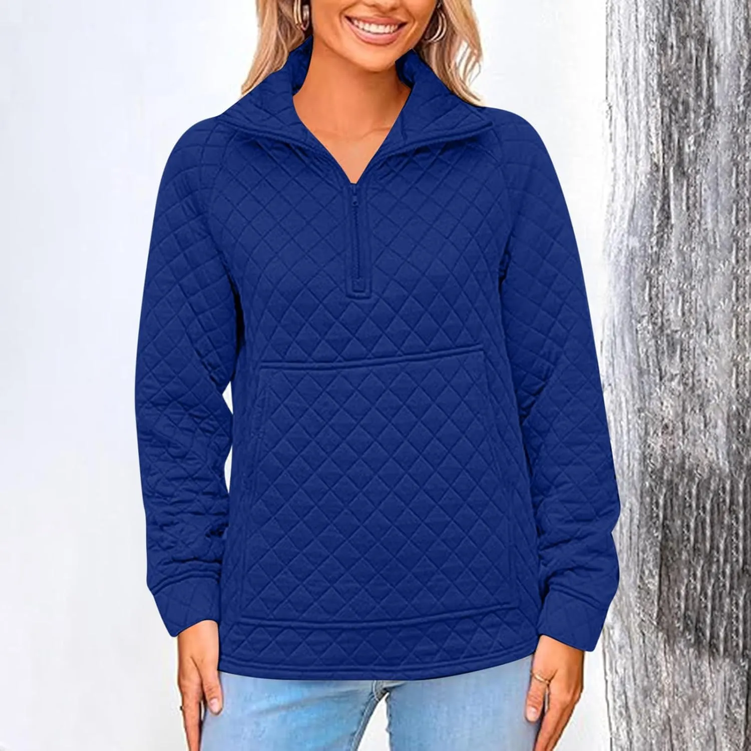 HGps8w Women's Half Zip Quilted Jacket Loose Fit Casual Long Sleeve Lightweight Lapel Puffer Down Coat with Pocket