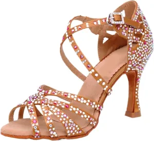 High Heels Women's Ballroom Dance Shoes Latin Dance Footwear with Rhinestones, Bright Bronze Leather Black Satin