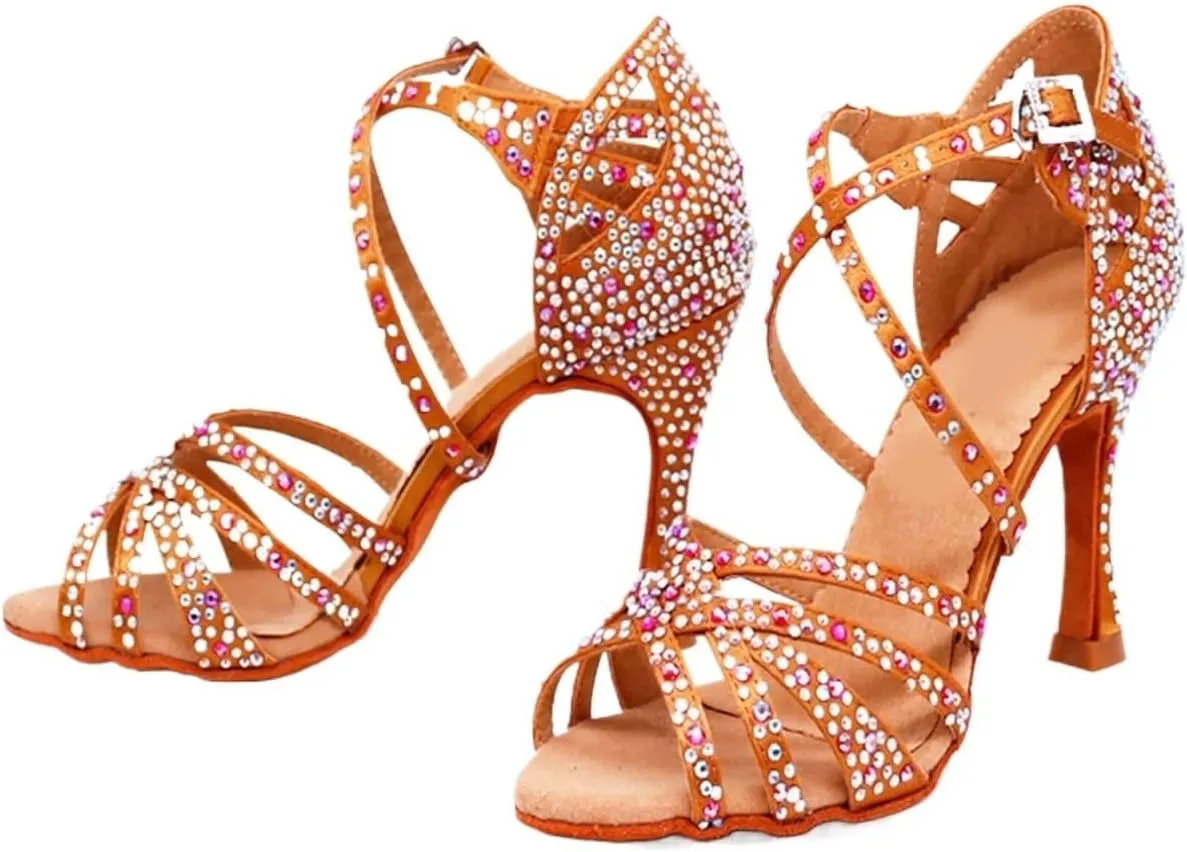 High Heels Women's Ballroom Dance Shoes Latin Dance Footwear with Rhinestones, Bright Bronze Leather Black Satin