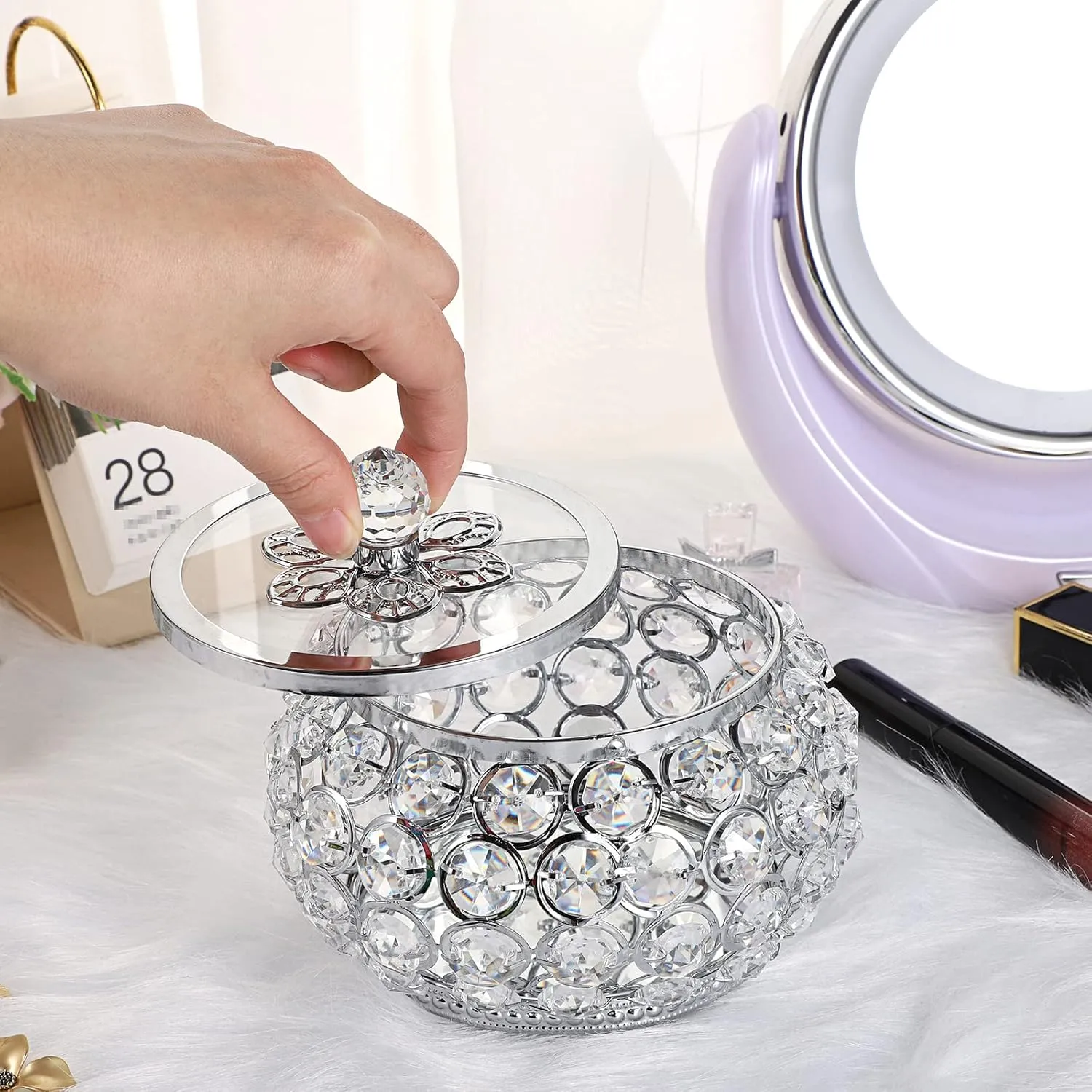 Hipiwe Crystal Jewelry Trinket Box with Glass Lid Silver Mirrored Treasure Box Decorative Jewelry Box Ring Earrings Necklace Storage Keepsake Box Gift for Women Girls