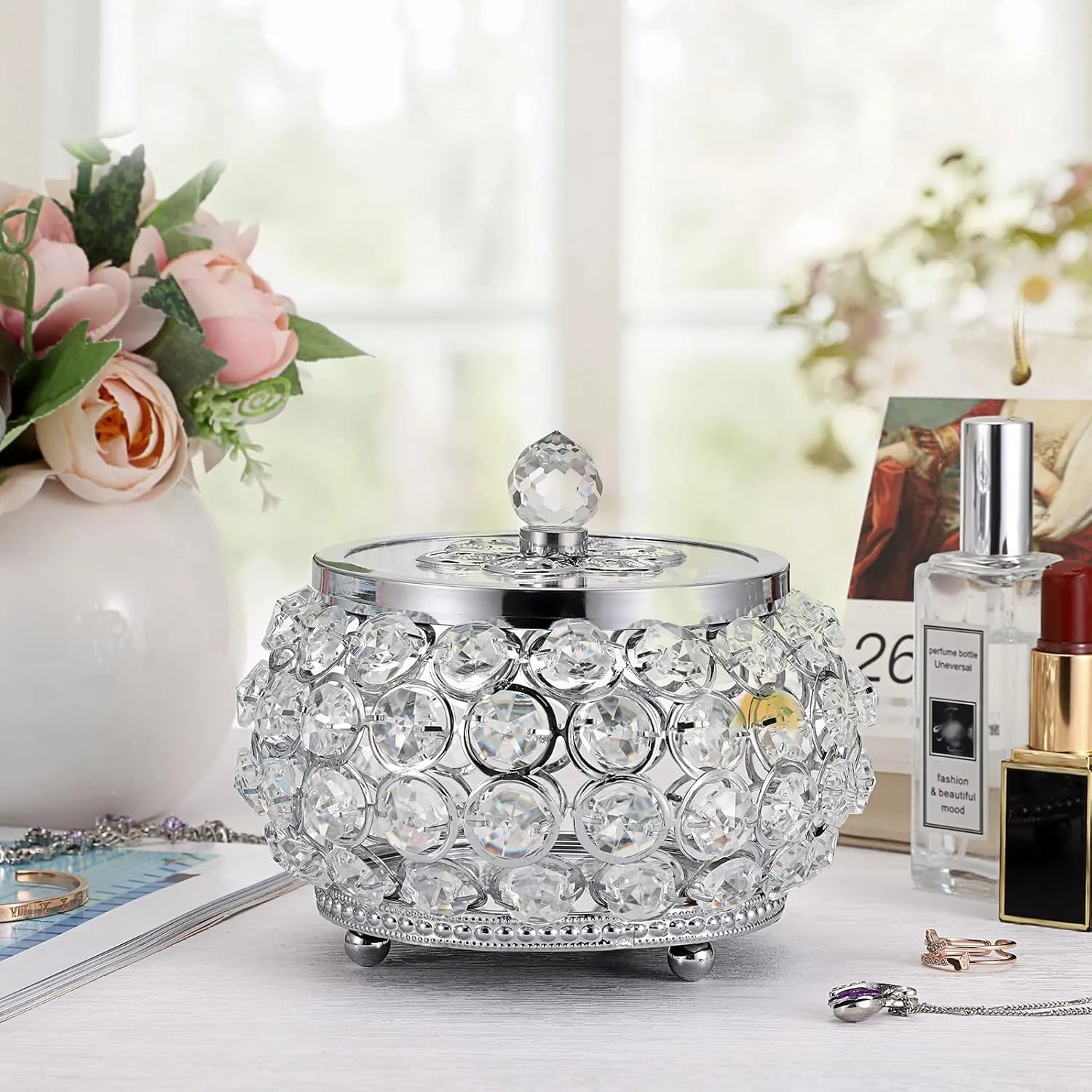 Hipiwe Crystal Jewelry Trinket Box with Glass Lid Silver Mirrored Treasure Box Decorative Jewelry Box Ring Earrings Necklace Storage Keepsake Box Gift for Women Girls