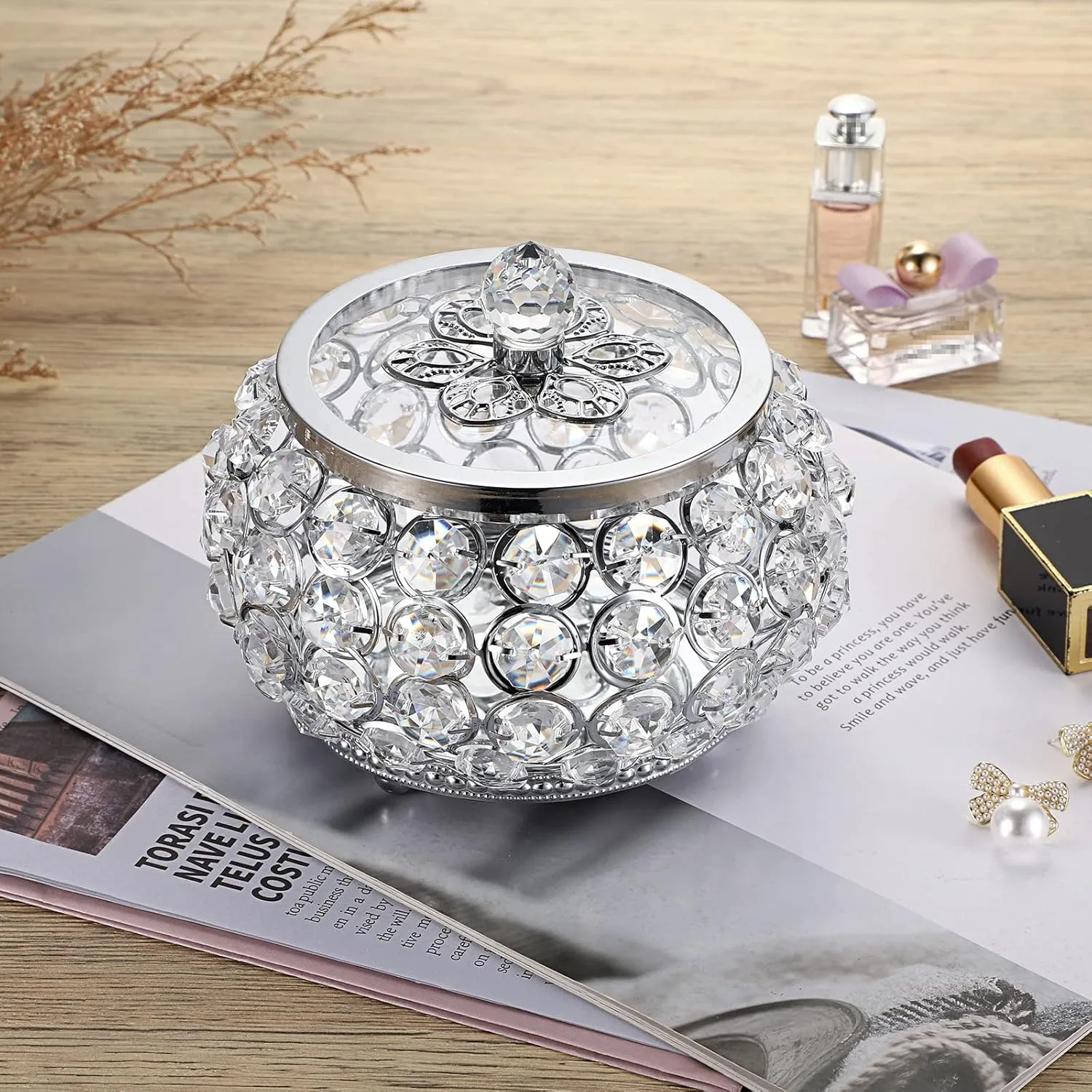 Hipiwe Crystal Jewelry Trinket Box with Glass Lid Silver Mirrored Treasure Box Decorative Jewelry Box Ring Earrings Necklace Storage Keepsake Box Gift for Women Girls