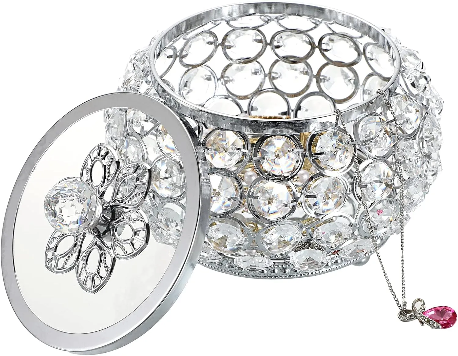 Hipiwe Crystal Jewelry Trinket Box with Glass Lid Silver Mirrored Treasure Box Decorative Jewelry Box Ring Earrings Necklace Storage Keepsake Box Gift for Women Girls