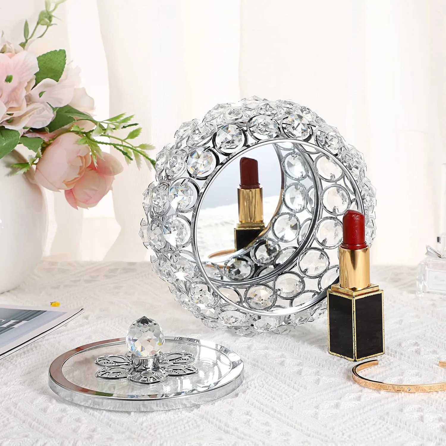 Hipiwe Crystal Jewelry Trinket Box with Glass Lid Silver Mirrored Treasure Box Decorative Jewelry Box Ring Earrings Necklace Storage Keepsake Box Gift for Women Girls