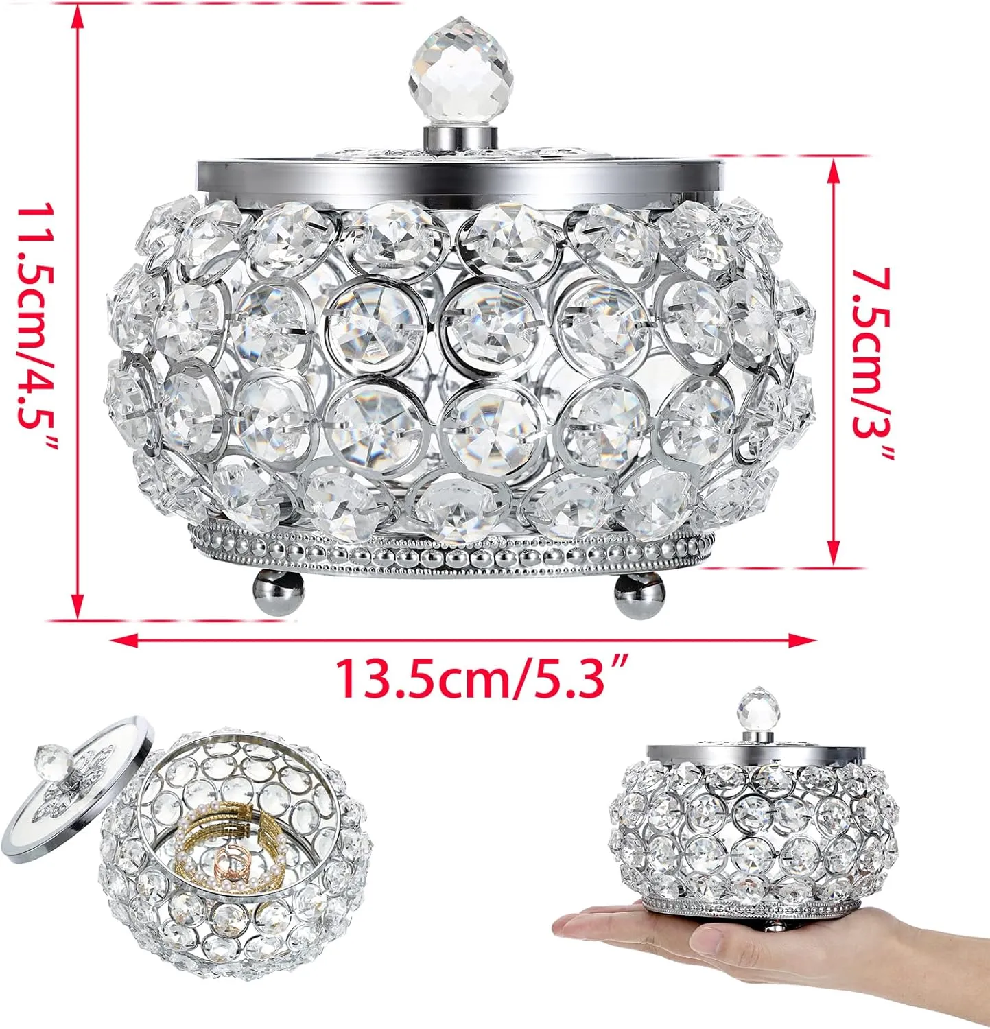 Hipiwe Crystal Jewelry Trinket Box with Glass Lid Silver Mirrored Treasure Box Decorative Jewelry Box Ring Earrings Necklace Storage Keepsake Box Gift for Women Girls