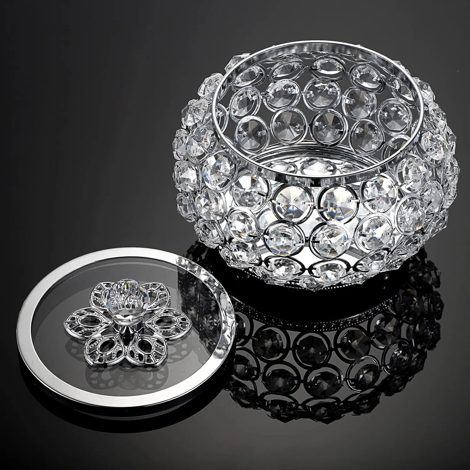 Hipiwe Crystal Jewelry Trinket Box with Glass Lid Silver Mirrored Treasure Box Decorative Jewelry Box Ring Earrings Necklace Storage Keepsake Box Gift for Women Girls