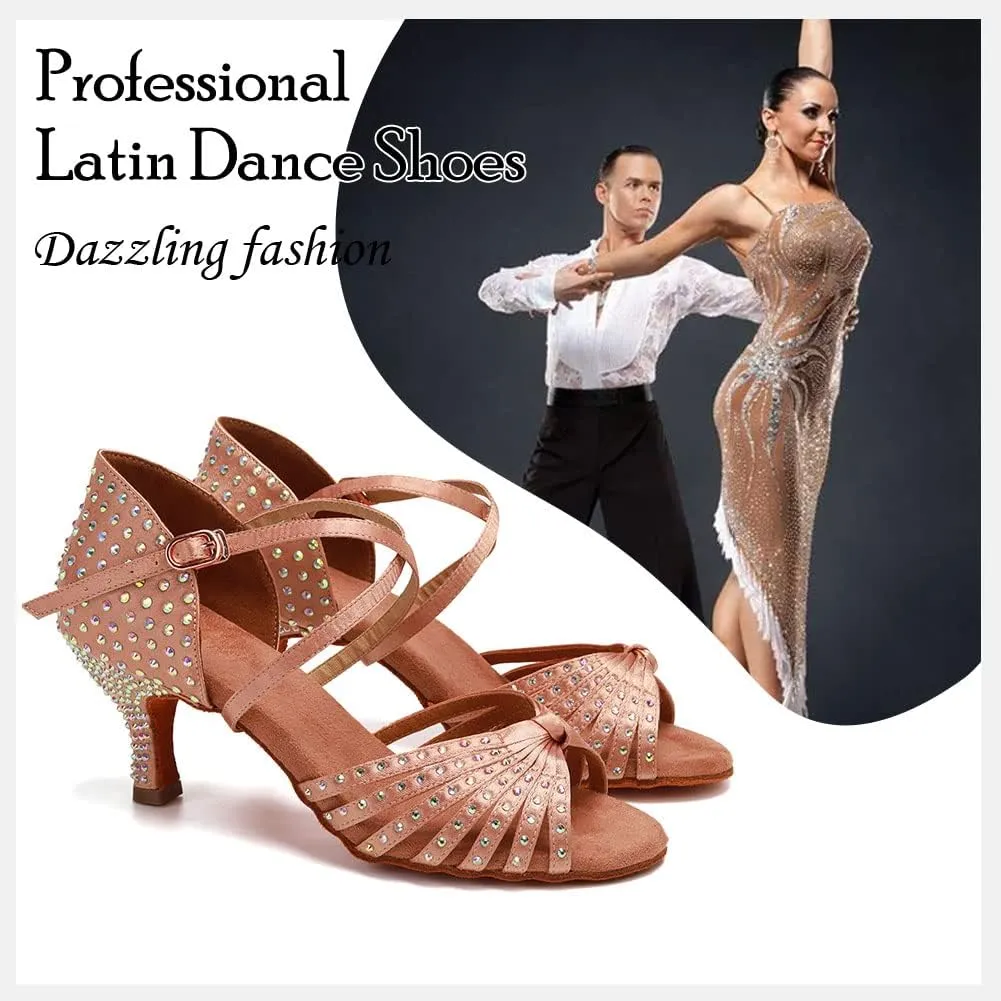 HIPPOSEUS Women's Latin Dance Shoes with Rhinestones for Ballroom Salsa