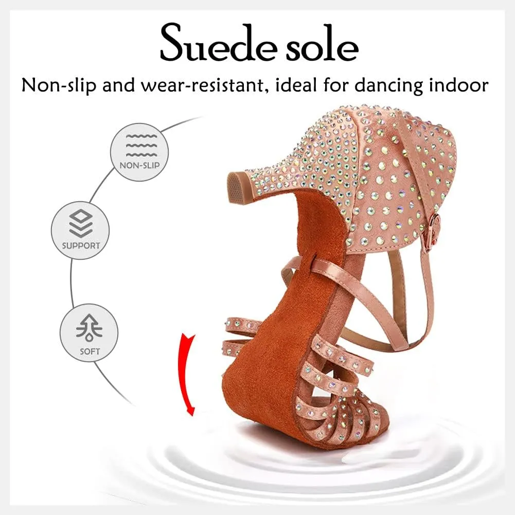 HIPPOSEUS Women's Latin Dance Shoes with Rhinestones for Ballroom Salsa