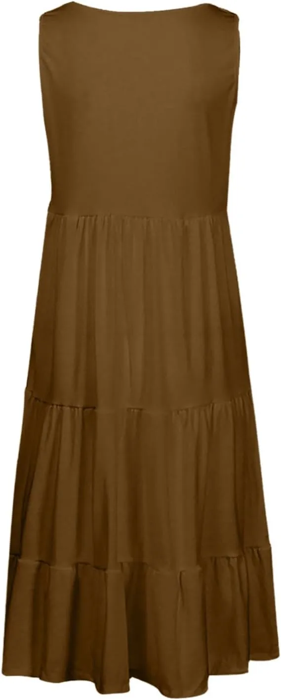 Holiday Dresses for Women 2025 Summer Vacation Beach Dresses Sleeveless U Neck Smocked Midi Sundress Party Dress