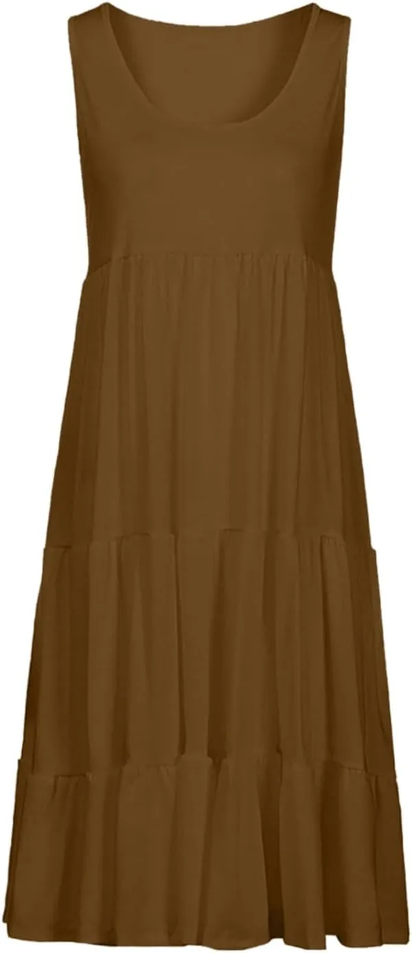 Holiday Dresses for Women 2025 Summer Vacation Beach Dresses Sleeveless U Neck Smocked Midi Sundress Party Dress