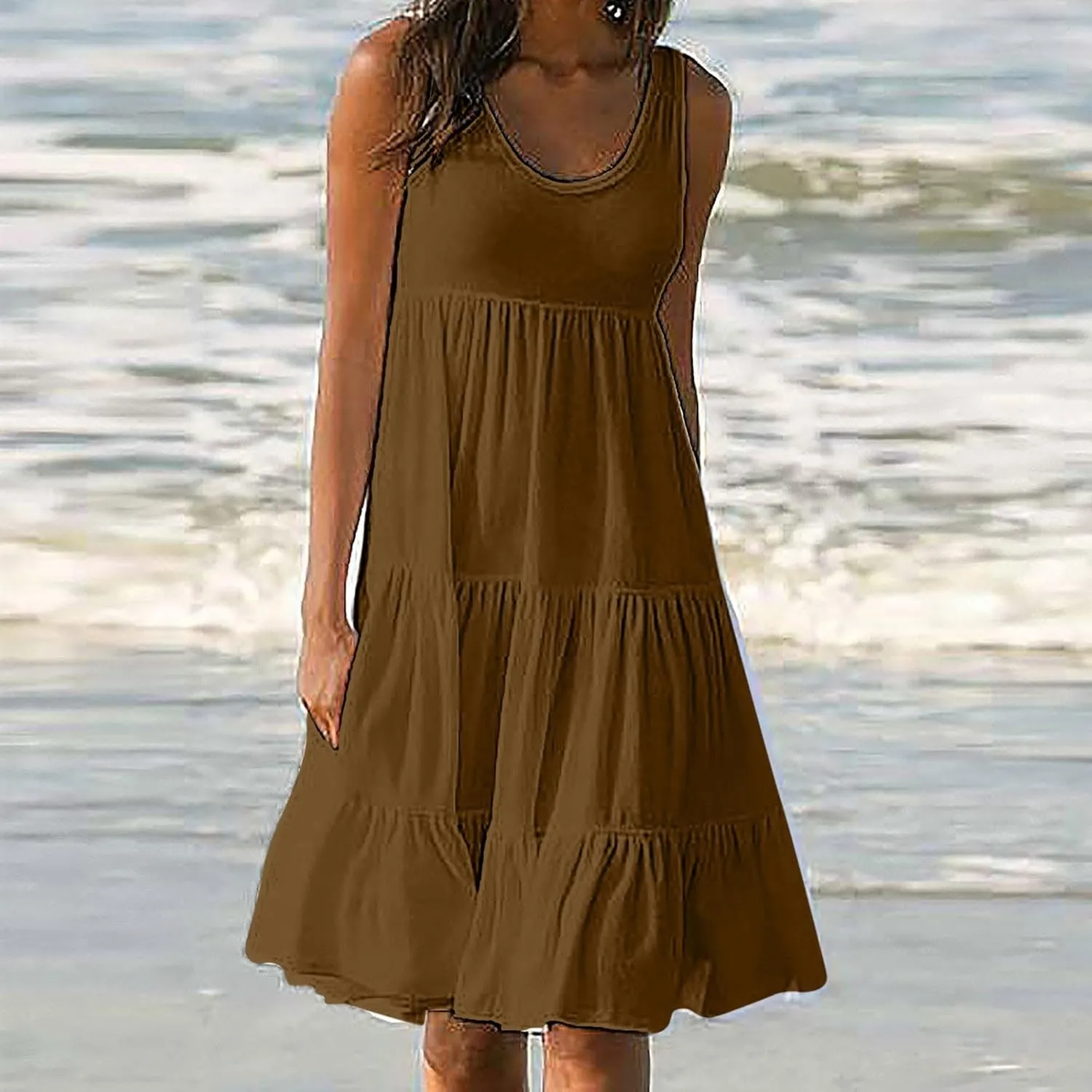 Holiday Dresses for Women 2025 Summer Vacation Beach Dresses Sleeveless U Neck Smocked Midi Sundress Party Dress