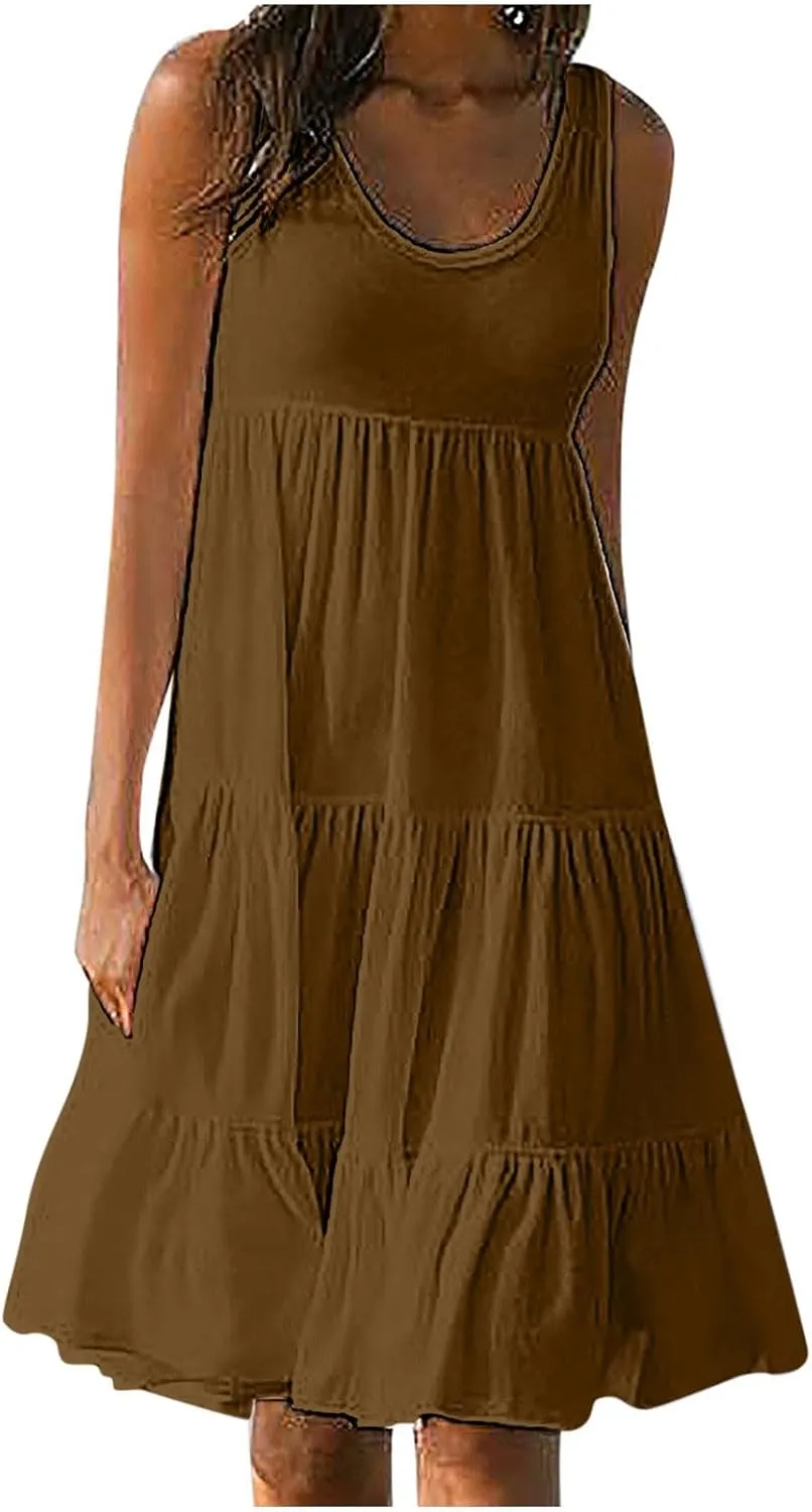 Holiday Dresses for Women 2025 Summer Vacation Beach Dresses Sleeveless U Neck Smocked Midi Sundress Party Dress