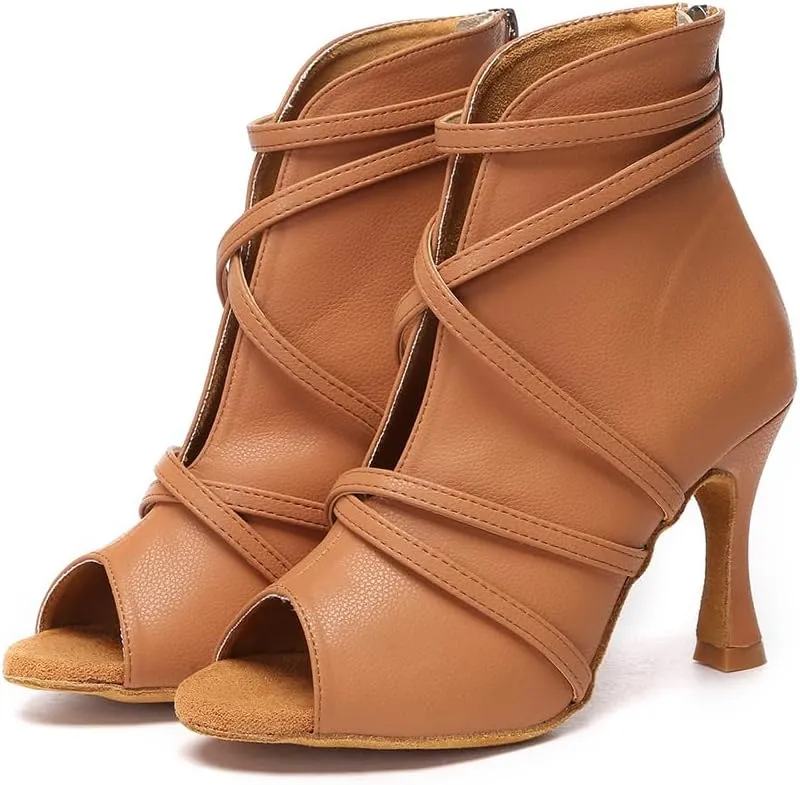 HROYL Women Peep Toe Ankle Dance Boots Latin Salsa Ballroom Heels Dancing Shoes,Model YCL579