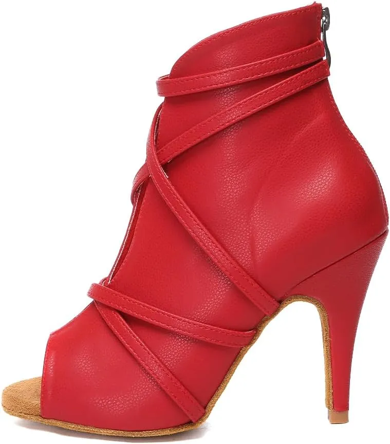 HROYL Women Peep Toe Ankle Dance Boots Latin Salsa Ballroom Heels Dancing Shoes,Model YCL579