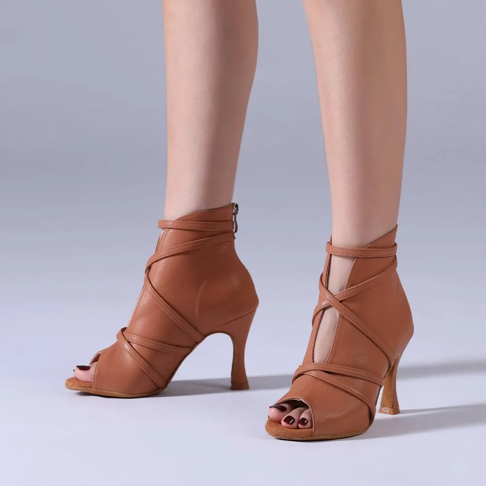 HROYL Women Peep Toe Ankle Dance Boots Latin Salsa Ballroom Heels Dancing Shoes,Model YCL579