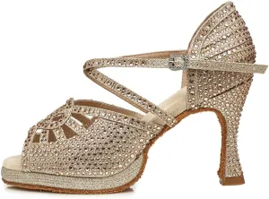HROYL Women Rhinestone Ballroom Dance Shoes Latin Salsa Bachata Performance Dance Shoes,Model L458