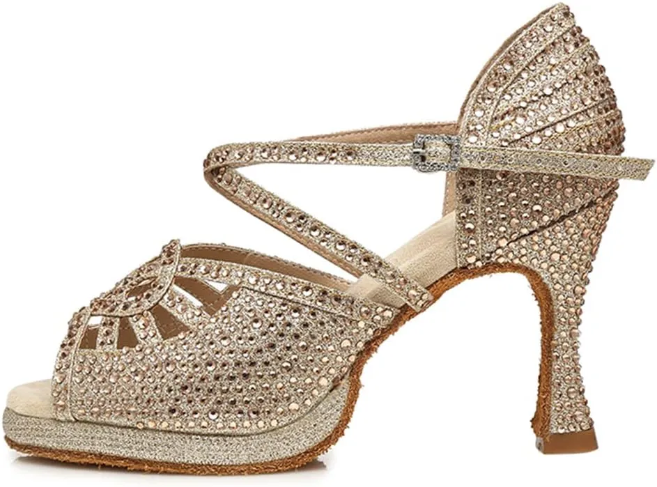 HROYL Women Rhinestone Ballroom Dance Shoes Latin Salsa Bachata Performance Dance Shoes,Model L458