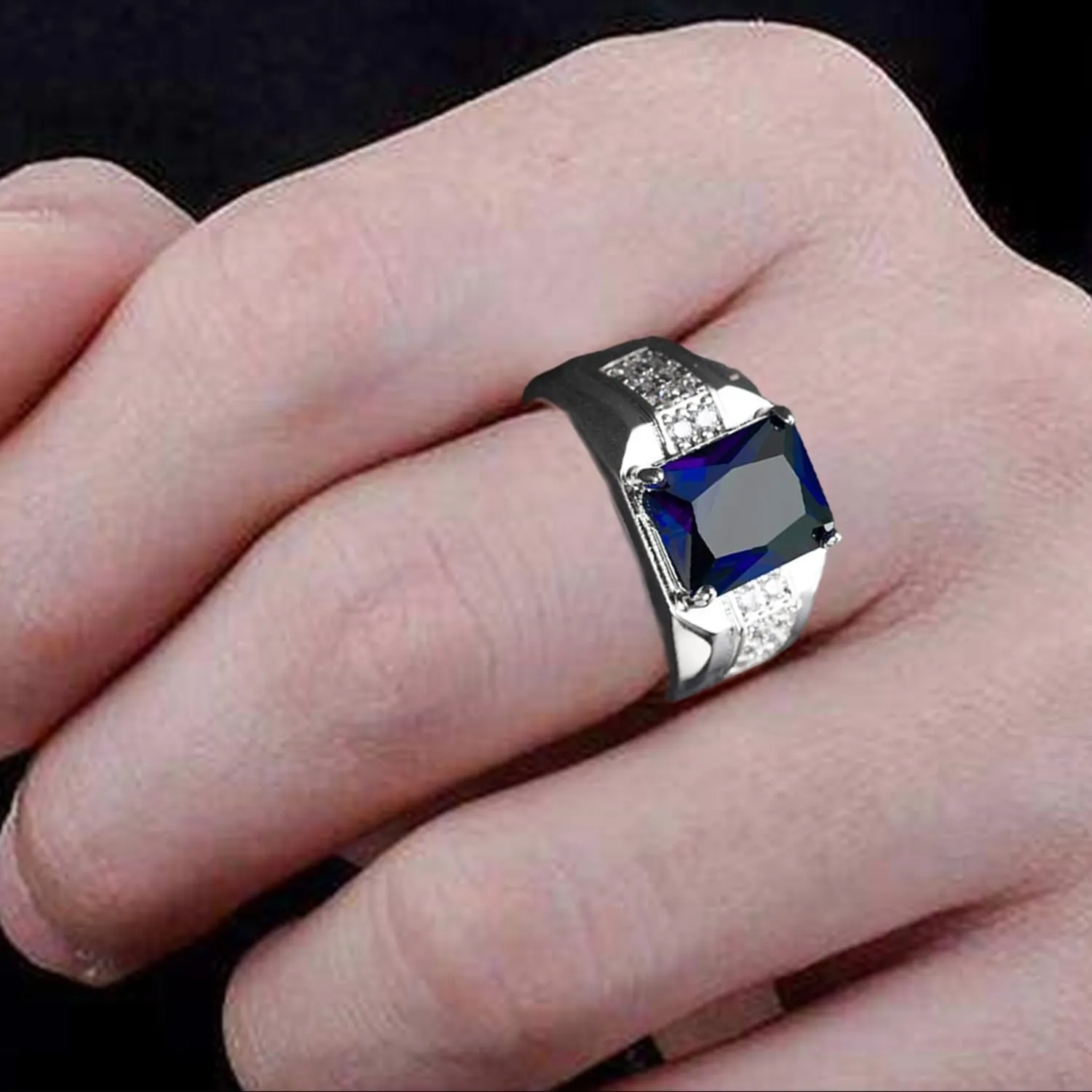 HSQYJ Adjustable White Gold Plated Rectangle Cubic Zirconia Gemstone Cocktail Rings Luxury Crystal Zircon Personalized Statement Party Ring for Men Fashion Jewelry Gifts