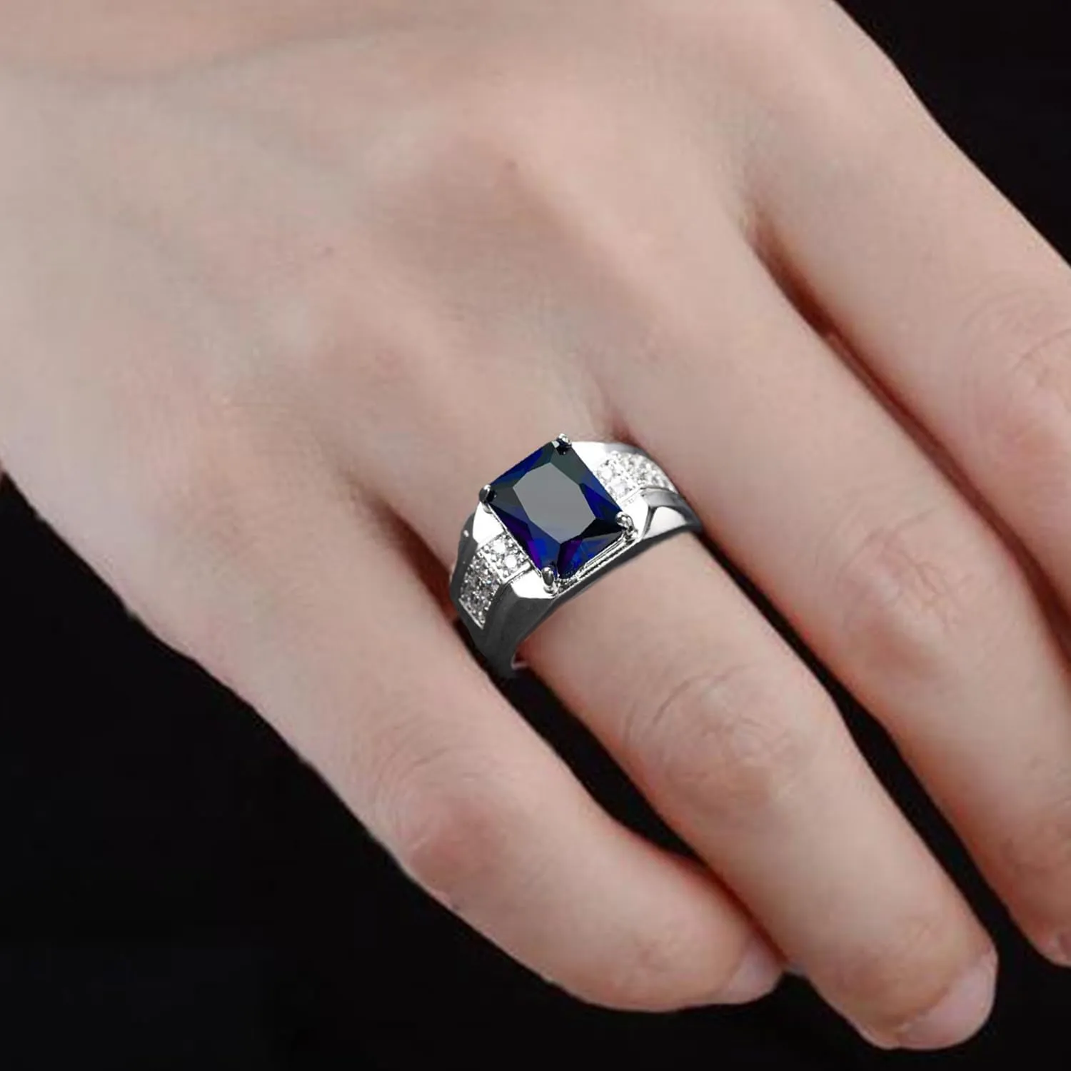 HSQYJ Adjustable White Gold Plated Rectangle Cubic Zirconia Gemstone Cocktail Rings Luxury Crystal Zircon Personalized Statement Party Ring for Men Fashion Jewelry Gifts