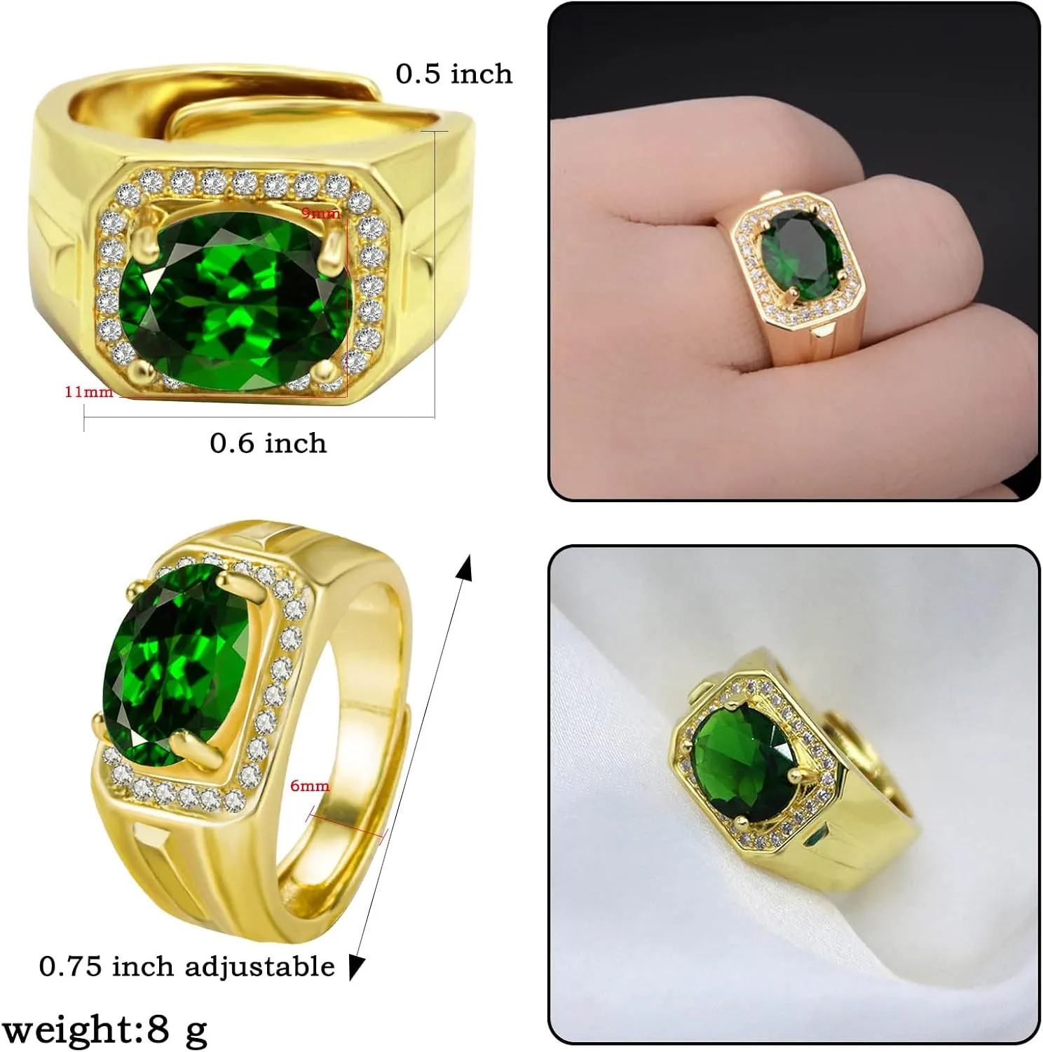 HSQYJ Adjustable White Gold Plated Rectangle Cubic Zirconia Gemstone Cocktail Rings Luxury Crystal Zircon Personalized Statement Party Ring for Men Fashion Jewelry Gifts