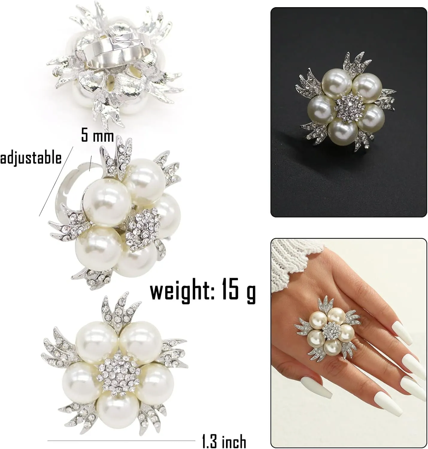 HSQYJ Fashion Adjustable Pearl Crystal Flower Cocktail Statement Ring Rhinestone FloraL Engagement Wedding Bands Rings Luxury Jewelry for Women Gift Gold Silver Plated