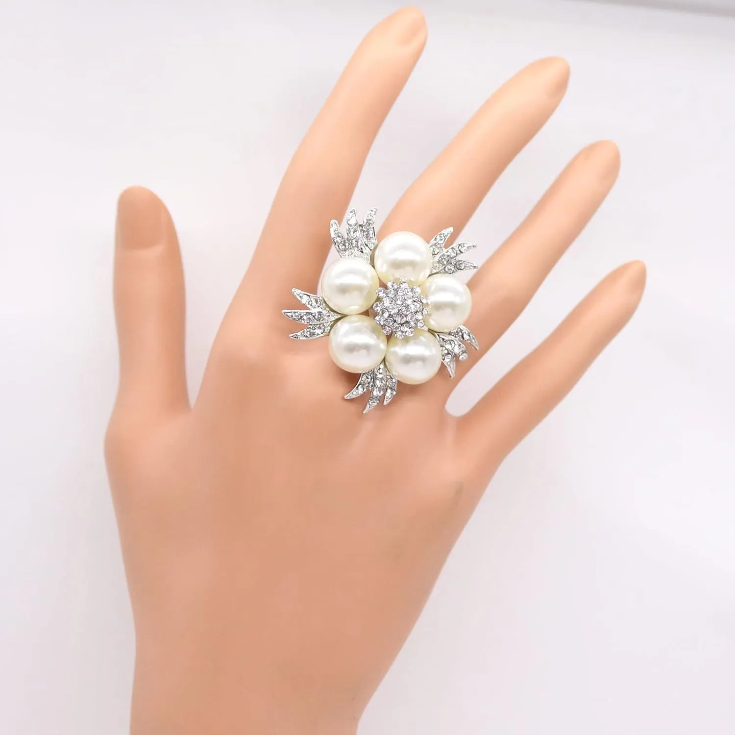 HSQYJ Fashion Adjustable Pearl Crystal Flower Cocktail Statement Ring Rhinestone FloraL Engagement Wedding Bands Rings Luxury Jewelry for Women Gift Gold Silver Plated