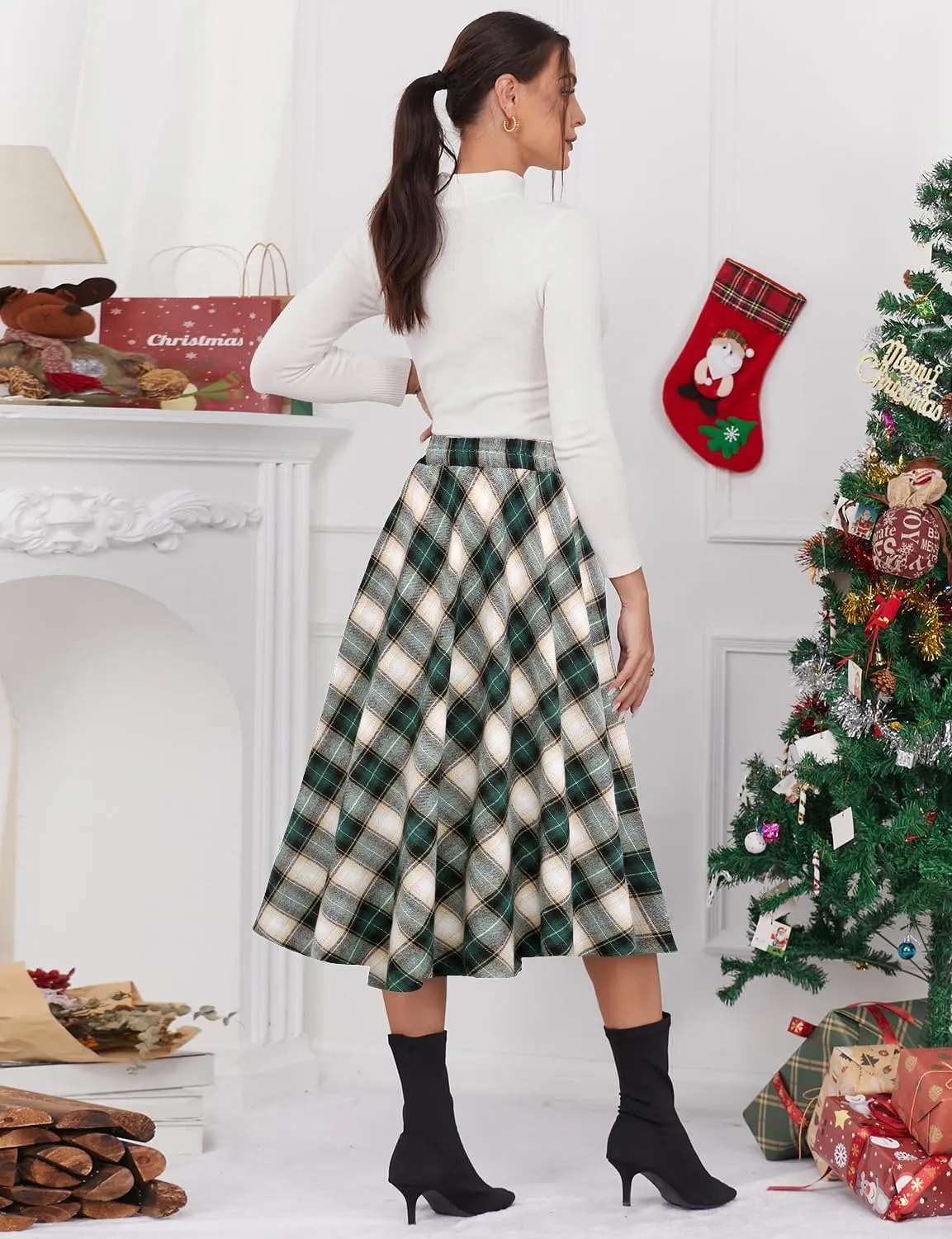 IDEALSANXUN Womens Plaid Skirt Elastic Waist A-line Midi Pleated Skirts