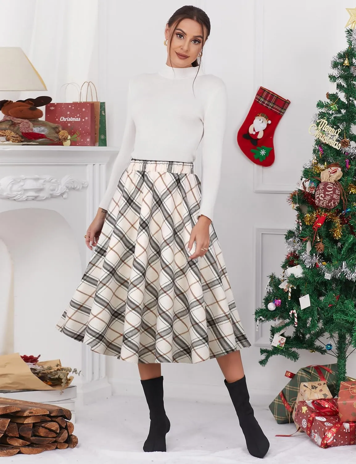 IDEALSANXUN Womens Plaid Skirt Elastic Waist A-line Midi Pleated Skirts