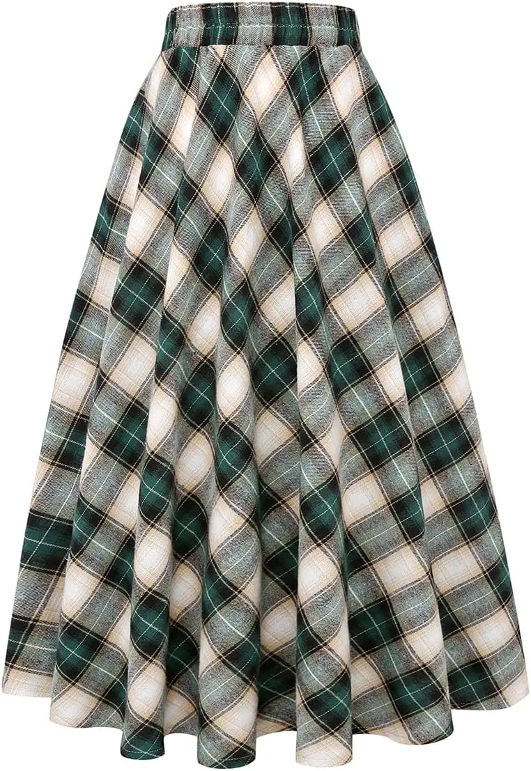 IDEALSANXUN Womens Plaid Skirt Elastic Waist A-line Midi Pleated Skirts