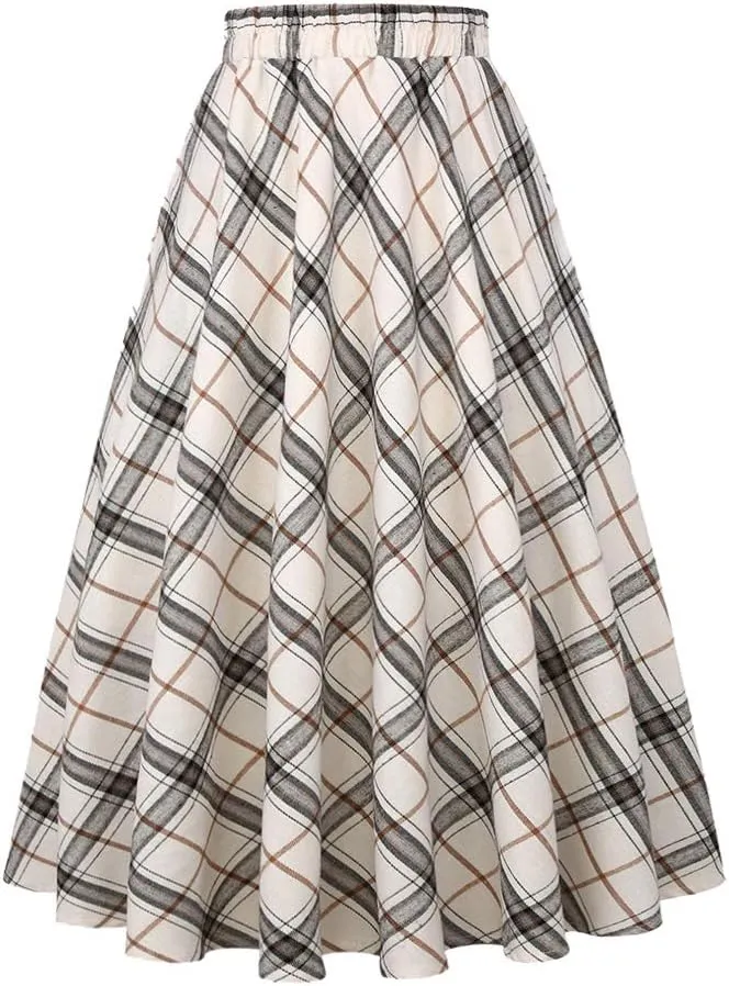 IDEALSANXUN Womens Plaid Skirt Elastic Waist A-line Midi Pleated Skirts