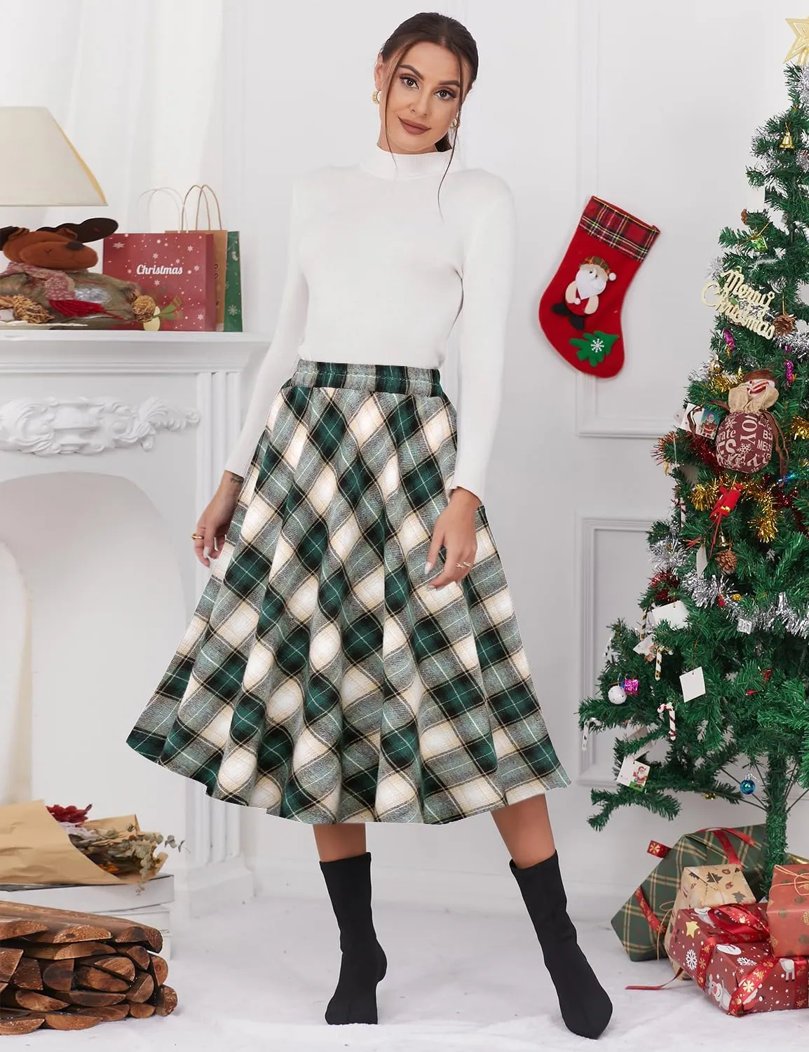 IDEALSANXUN Womens Plaid Skirt Elastic Waist A-line Midi Pleated Skirts