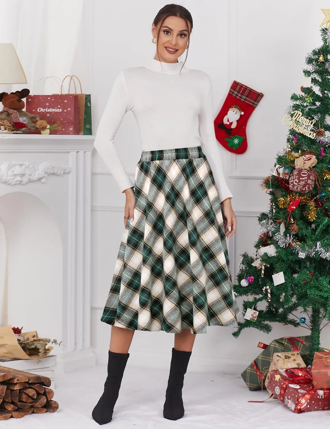 IDEALSANXUN Womens Plaid Skirt Elastic Waist A-line Midi Pleated Skirts