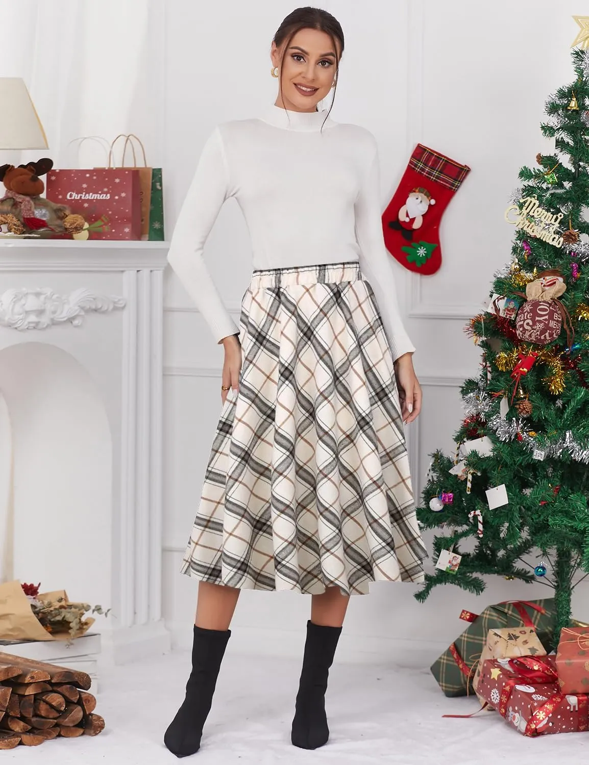 IDEALSANXUN Womens Plaid Skirt Elastic Waist A-line Midi Pleated Skirts