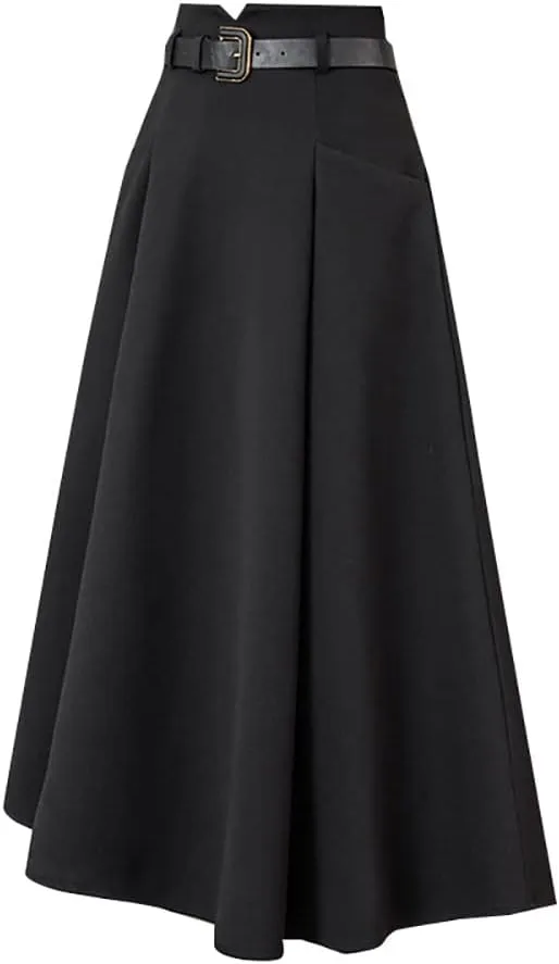 IDEALSANXUN Wool Midi Skirts for Womens High Waisted A Line Pleated Belted Fall Winter Skirts