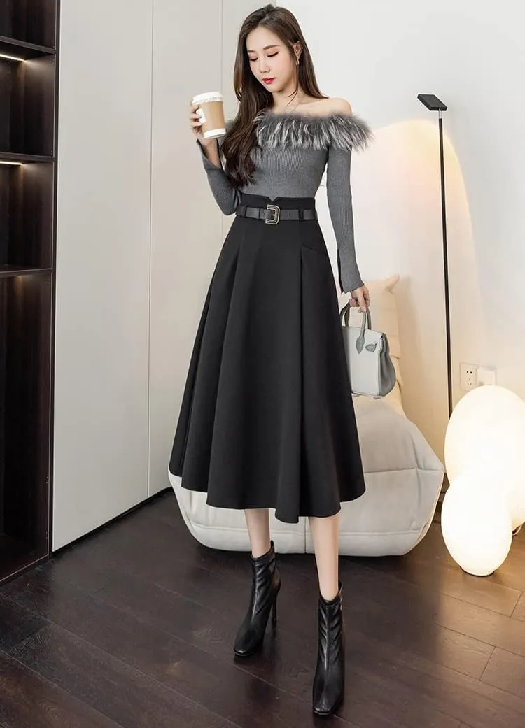 IDEALSANXUN Wool Midi Skirts for Womens High Waisted A Line Pleated Belted Fall Winter Skirts